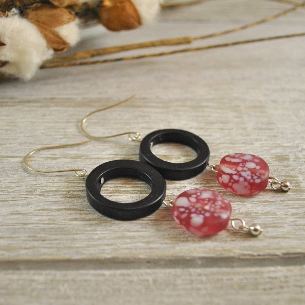 Jet Circle & Pink & White Abstract Polka Dot Murano Glass Handmade Earri…​​